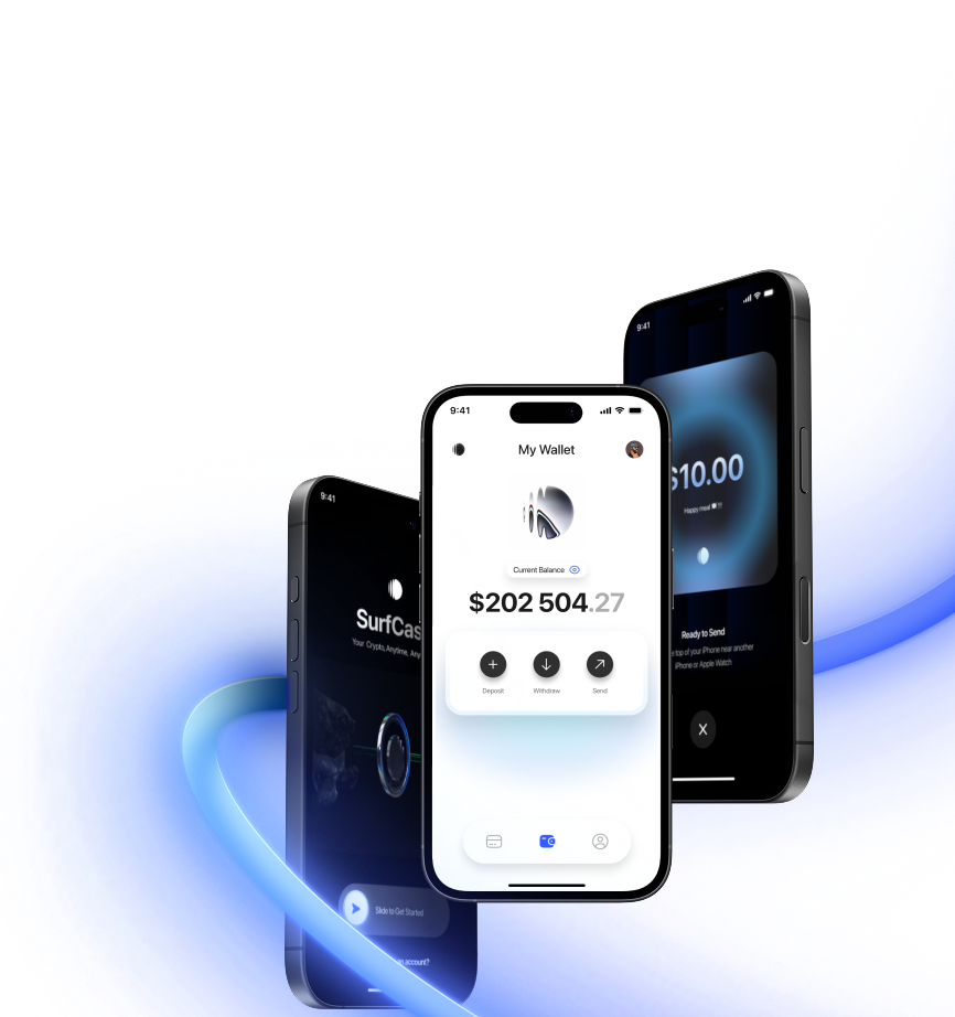 Join SurfCash - Phone mockups showing crypto to cash conversion interface